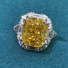 Load image into Gallery viewer, 8 Carat Cushion Cut Moissanite Ring Vivid Yellow VVS Double Claw Halo Three Stone