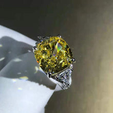 Load image into Gallery viewer, 6 Carat Cushion Cut Moissanite Ring Vivid Yellow VVS Three Stone Cathedral Bead-set