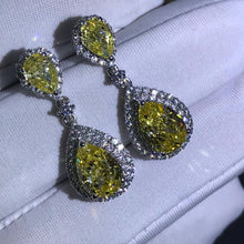 Load image into Gallery viewer, 3 Carat Pear cut Yellow Double Halo Moissanite Dangling Earrings