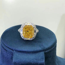 Load image into Gallery viewer, 8 Carat Cushion Cut Moissanite Ring Vivid Yellow VVS Double Claw Halo Three Stone