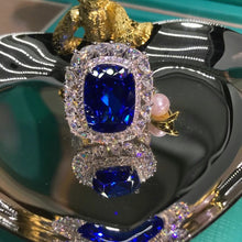 Load image into Gallery viewer, Bold 20 Carat Cushion Cut Lab Grown Blue Sapphire Halo Ring