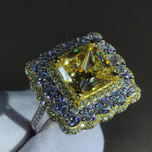 Load image into Gallery viewer, 4 Carat Square Radiant Cut Moissanite Ring Vivid Yellow VVS Two-tone Triple Halo Bead-set