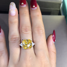 Load image into Gallery viewer, 6 Carat Square Radiant Cut Moissanite Ring Vivid Yellow VVS 4 Claw Three Stone Basket