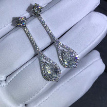 Load image into Gallery viewer, 3 Carat Pear Cut K-M Colorless Halo Moissanite Dangling Earrings