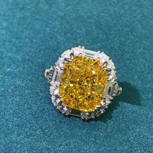 Load image into Gallery viewer, 8 Carat Cushion Cut Moissanite Ring Vivid Yellow VVS Double Claw Halo Three Stone
