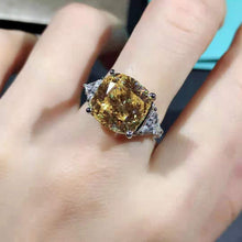 Load image into Gallery viewer, 6 Carat Cushion Cut Moissanite Ring Vivid Yellow VVS Three Stone Cathedral Bead-set