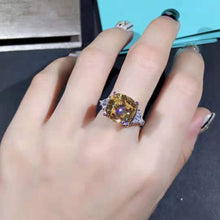 Load image into Gallery viewer, 6 Carat Cushion Cut Moissanite Ring Vivid Yellow VVS Three Stone Cathedral Bead-set
