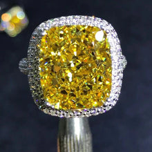 Load image into Gallery viewer, 8 Carat Cushion Cut Moissanite Ring Vivid Yellow VVS Double Edge Halo Cathedral Pave