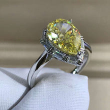 Load image into Gallery viewer, 4 Carat Pear Cut Moissanite Ring Vivid Yellow VVS Halo Cathedral Pinched Shank