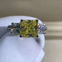 Load image into Gallery viewer, 2 Carat Radiant Cut Moissanite Ring Vivid Yellow VVS 3 Stone Plain Shank
