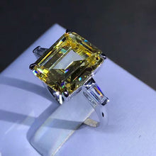 Load image into Gallery viewer, 5 Carat Emerald Cut Moissanite Ring Vivid Yellow VVS Three Stone Basket