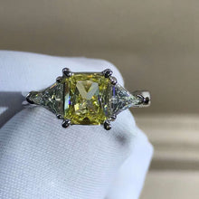 Load image into Gallery viewer, 1 Carat Radiant Cut Moissanite Ring Vivid Yellow VVS Three Stone Cathedral