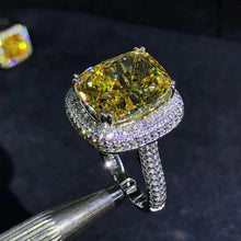 Load image into Gallery viewer, 8 Carat Cushion Cut Moissanite Ring Vivid Yellow VVS Double Edge Halo Cathedral Pave