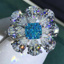 Load image into Gallery viewer, HUGE 6 CTW Blue Radiant & Pear Cut Halo 9 Stone Bead-set Lab Grown Aquamarine Ring
