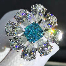 Load image into Gallery viewer, HUGE 6 CTW Blue Radiant & Pear Cut Halo 9 Stone Bead-set Lab Grown Aquamarine Ring