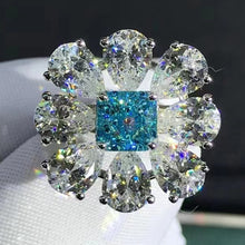 Load image into Gallery viewer, HUGE 6 CTW Blue Radiant & Pear Cut Halo 9 Stone Bead-set Lab Grown Aquamarine Ring
