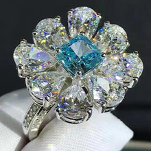Load image into Gallery viewer, HUGE 6 CTW Blue Radiant & Pear Cut Halo 9 Stone Bead-set Lab Grown Aquamarine Ring