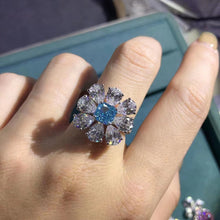 Load image into Gallery viewer, HUGE 6 CTW Blue Radiant & Pear Cut Halo 9 Stone Bead-set Lab Grown Aquamarine Ring