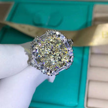 Load image into Gallery viewer, 8 Carat Cushion Cut Moissanite Ring Vivid Yellow VVS Double Claw Halo Three Stone
