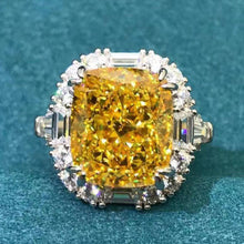 Load image into Gallery viewer, 8 Carat Cushion Cut Moissanite Ring Vivid Yellow VVS Double Claw Halo Three Stone