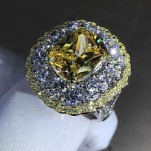 Load image into Gallery viewer, 6 Carat Cushion Cut Moissanite Ring Vivid Yellow VVS Two-tone Triple Halo