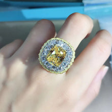 Load image into Gallery viewer, 6 Carat Cushion Cut Moissanite Ring Vivid Yellow VVS Two-tone Triple Halo