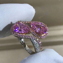 Load image into Gallery viewer, 3 Carat Pink Pear Cut Two Stone Halo Bead-set Two-tone VVS Moissanite Ring
