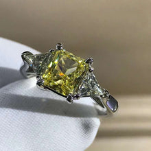 Load image into Gallery viewer, 1 Carat Radiant Cut Moissanite Ring Vivid Yellow VVS Three Stone Cathedral
