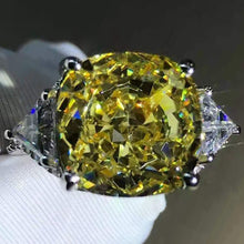 Load image into Gallery viewer, 6 Carat Cushion Cut Moissanite Ring Vivid Yellow VVS Three Stone Cathedral Bead-set