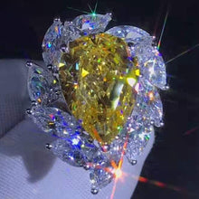Load image into Gallery viewer, 6 Carat Pear Cut Moissanite Ring Vivid Yellow VVS 11 Stone Halo Cathedral