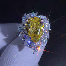 Load image into Gallery viewer, 6 Carat Pear Cut Moissanite Ring Vivid Yellow VVS 11 Stone Halo Cathedral