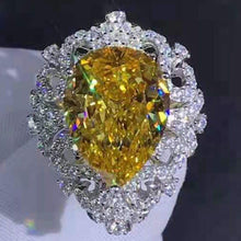 Load image into Gallery viewer, 10 Carat Pear Cut Moissanite Ring Vivid Yellow VVS Filigree Halo Bead-set Cathedral