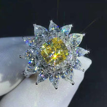 Load image into Gallery viewer, 2 Carat Cushion Cut Moissanite Ring Vivid Yellow VVS 13 Stone Double Halo Starburst