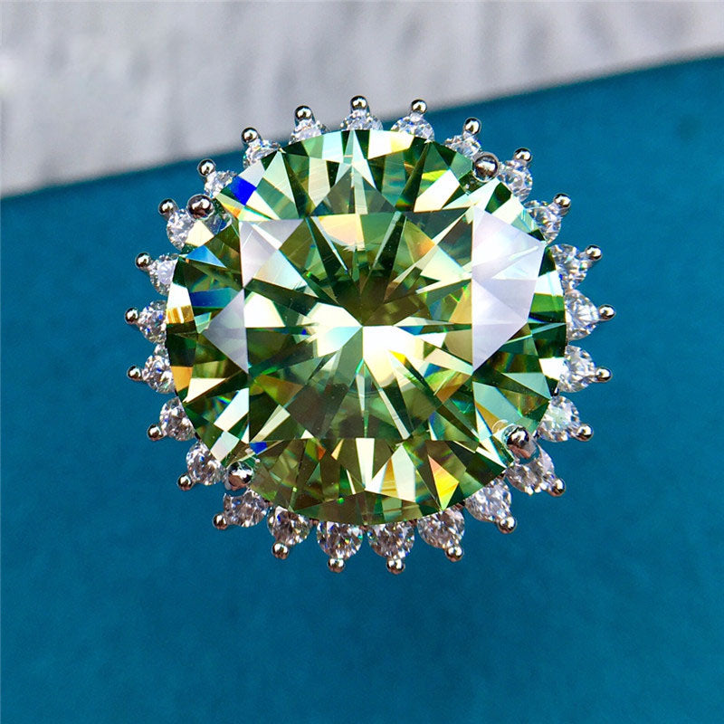 14 Carat Light Green Round Cut Halo Sunburst Certified VVS Moissanite