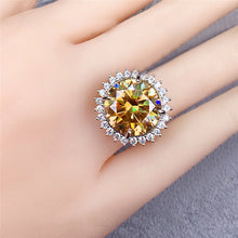 Load image into Gallery viewer, 10 Carat Round Moissanite Ring Sunburst Halo Certified VVS Vivid Yellow