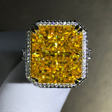 Load image into Gallery viewer, 15 Carat Radiant Cut Moissanite Ring Deep Yellow VVS Double Edge Halo Filigree Pave