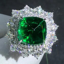 Load image into Gallery viewer, Green Starburst Big 7.2 Carat Rare Cabochon Cut Lab Grown Emerald Double Halo Pave Ring - 9K, 14K, 18K Solid Gold and 950 Platinum