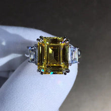 Load image into Gallery viewer, 5 Carat Emerald cut Moissanite Ring Vivid Yellow VVS Three-stone