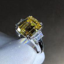 Load image into Gallery viewer, 5 Carat Emerald cut Moissanite Ring Vivid Yellow VVS Three-stone