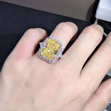 Load image into Gallery viewer, 10 Carat Radiant cut Moissanite Ring Rare Vivid Yellow VVS Halo Three Stone