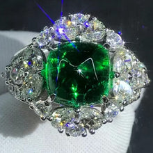 Load image into Gallery viewer, Eye Catching 4.1 Carat Cabochon Cut Lab Grown Emerald Pave Split Shank Halo Ring - 9K, 14K, 18K Solid Gold and 950 Platinum