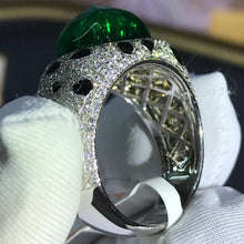 Load image into Gallery viewer, Cheetah Style Full Pave Band Bezel set Big 7.2 Carat Cabochon Cut Lab Grown Emerald Ring - 9K, 14K, 18K Solid Gold and 950 Platinum