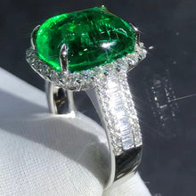 Load image into Gallery viewer, BOLD 7 Carat Big Cabochon Cut Lab Grown Emerald Ring - 4 Claw Halo Wide Band Pave 9K, 14K, 18K Solid Gold and 950 Platinum