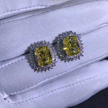 Load image into Gallery viewer, 3 Carat Yellow Cushion Cut Starburst Double Halo Moissanite Stud Earrings