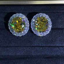 Load image into Gallery viewer, 15 Carat TW Yellow Oval Cut Halo VVS Moissanite Stud Earrings