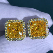 Load image into Gallery viewer, 2 Carat Yellow Square Radiant Cut Halo VVS Moissanite Stud Earrings