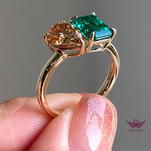 Load image into Gallery viewer, Two-Stone Deep Champagne Pear Cut Zambian Emerald Cut Ring
