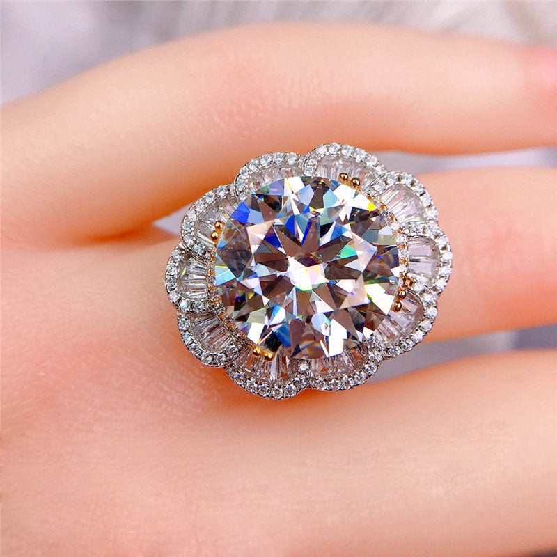 10 Carat Round Cut Moissanite Ring Two Tone Antique Triple Halo
