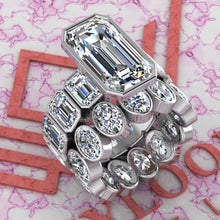 Load image into Gallery viewer, 26 CTW Elongated Emerald Cut Two-Piece Bridal D Color Bezel Moissanite Set