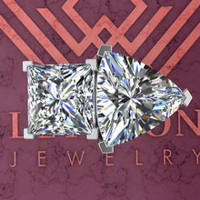 Load image into Gallery viewer, 2.6 Carat Princess Cut & 4 Carat Trilliant Cut Two-Stone Basket D Color Moissanite Ring